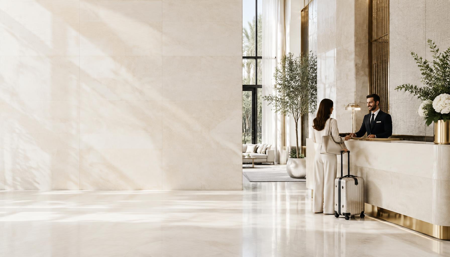 A concierge warmly welcoming a guest at a luxury hotel reception
